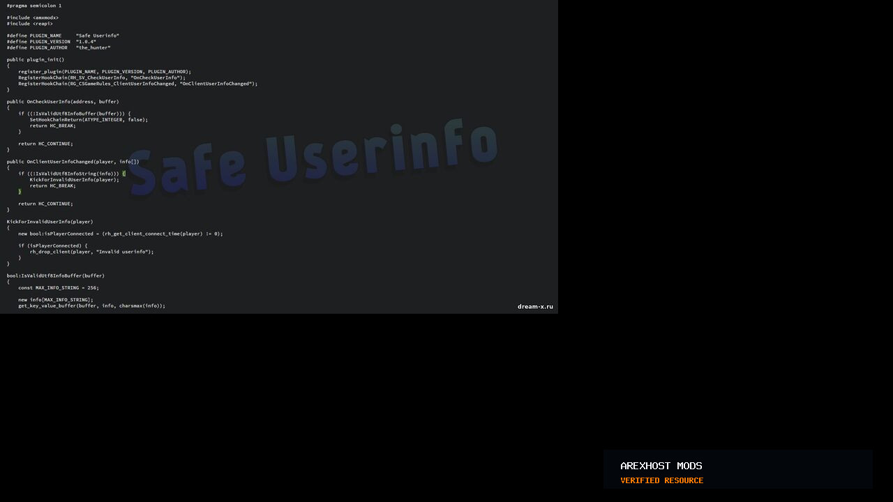Скриншот 1 · Safe Userinfo — Защита ReHLDS от уязвимостей, типа «~0WN3D~BY~X64CR3W~»